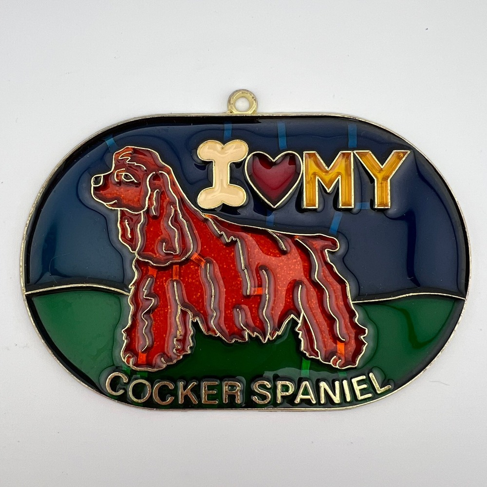 Vintage I Love My Cocker Spaniel Faux Stained Glass Suncatcher Dog Plaque